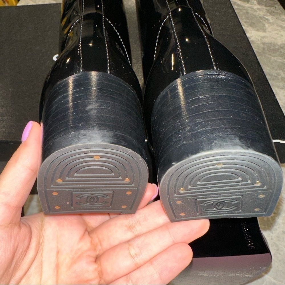 New Size 37.5 Chanel Patent CC Mid Calf Boots Black - Picture 6 of 11